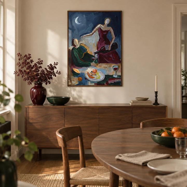 Couple Dinner Wall Art, framed on the wall of a contemporary dining room in a UK terraced home with warm cream plaster walls and oak floorboards