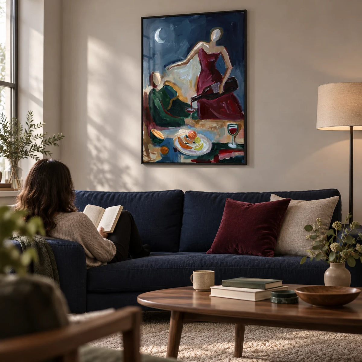 Couple Dinner Wall Art, framed on the wall of a relaxed contemporary living room in a UK city flat with a pale warm grey wall and a low walnut coffee table