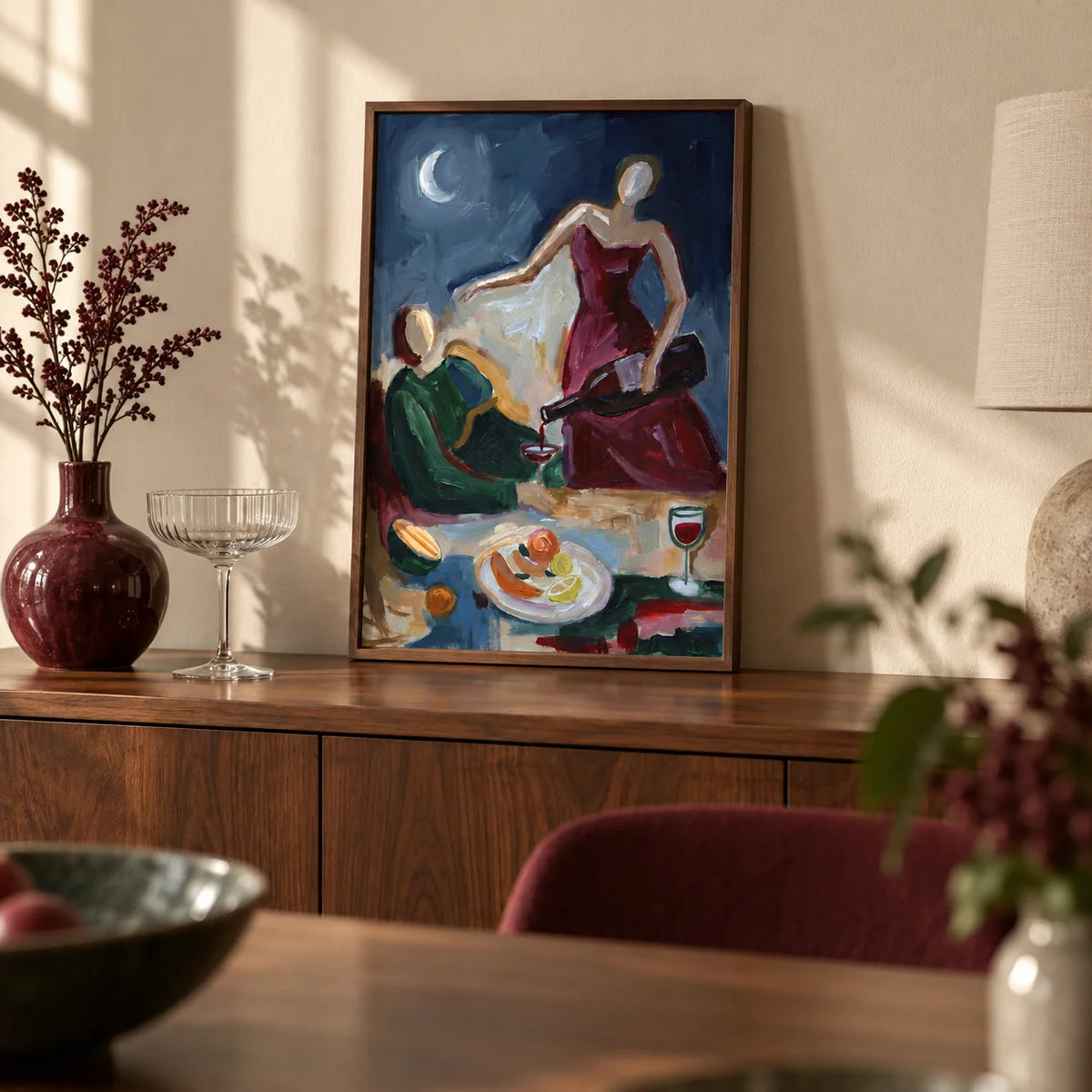 Couple Dinner Wall Art, a small A4 framed print leaning on a walnut sideboard in a dining room