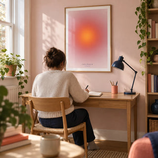 Courage Poster, framed on the wall of a bright creative home study in a UK terraced house with a pale blush wall