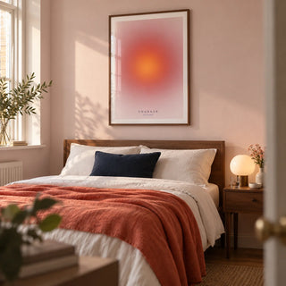 Courage Poster, framed on the wall of a contemporary bedroom for an adult (25-35) in a UK flat with pale blush walls