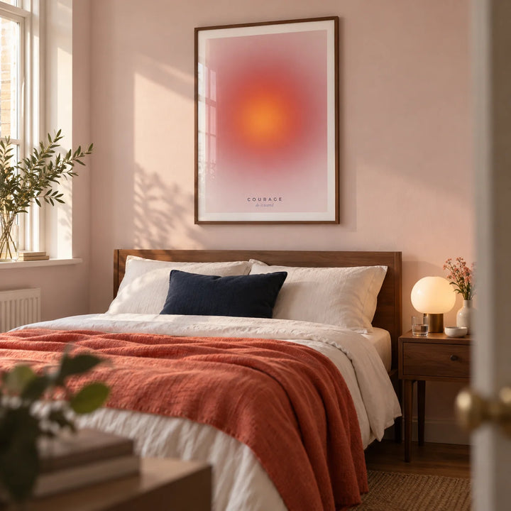 Courage Poster, framed on the wall of a contemporary bedroom for an adult (25-35) in a UK flat with pale blush walls