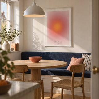 Courage Poster, framed on the wall of a modern dining nook in a small UK maisonette with an off-white wall