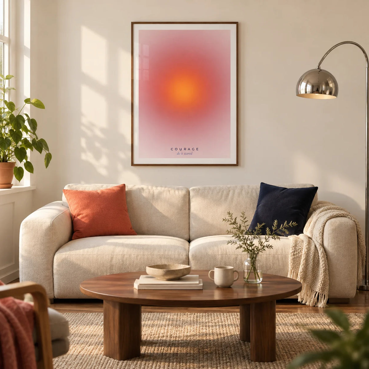 Courage Poster, framed on the wall of a modern living room in a UK first flat (22-28) with warm white walls and a walnut floor