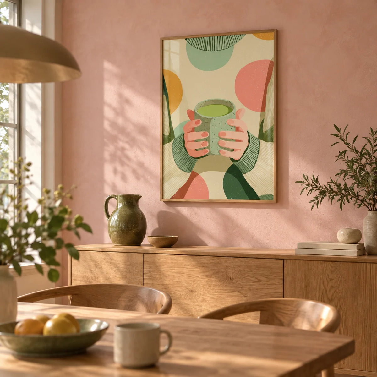 Cozy Matcha Art, framed on the wall of a calm dining room with a soft pink limewashed wall