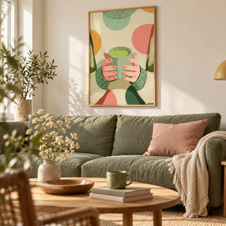 Cozy Matcha Art, framed on the wall of a calm living room with a warm white wall