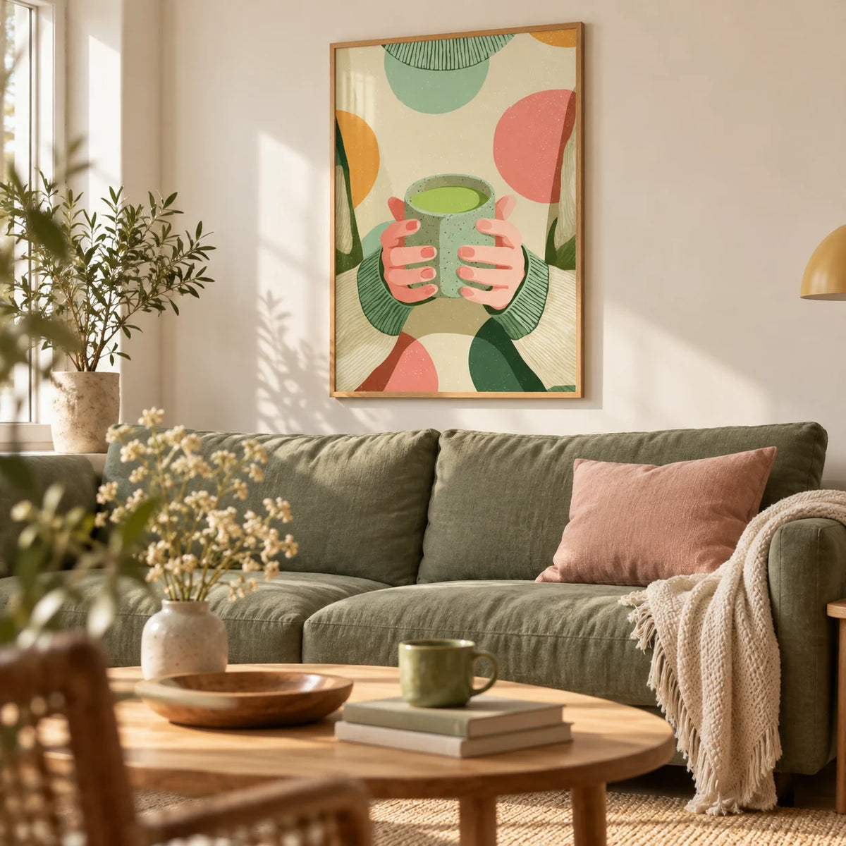 Cozy Matcha Art, framed on the wall of a calm living room with a warm white wall