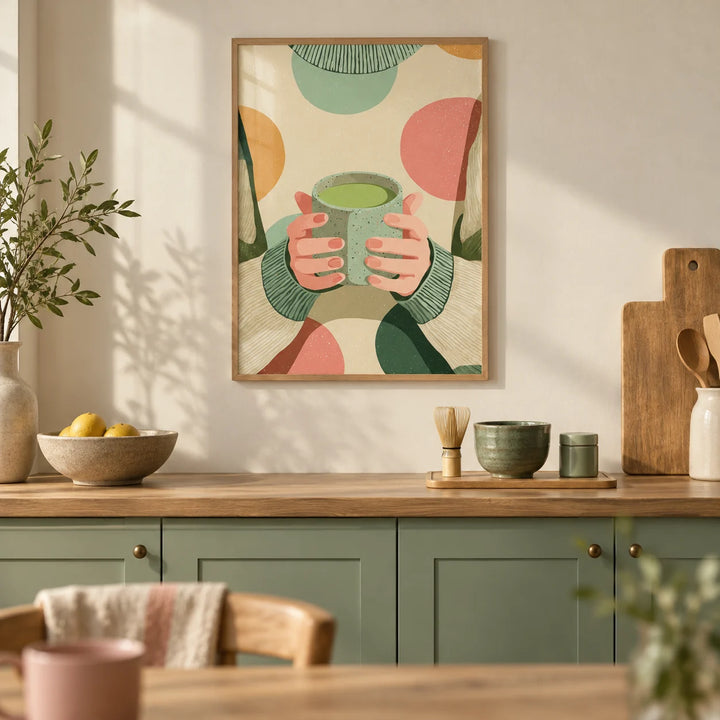 Cozy Matcha Art, framed on the wall of a calm modern kitchen with a cream wall and solid sage green cabinets