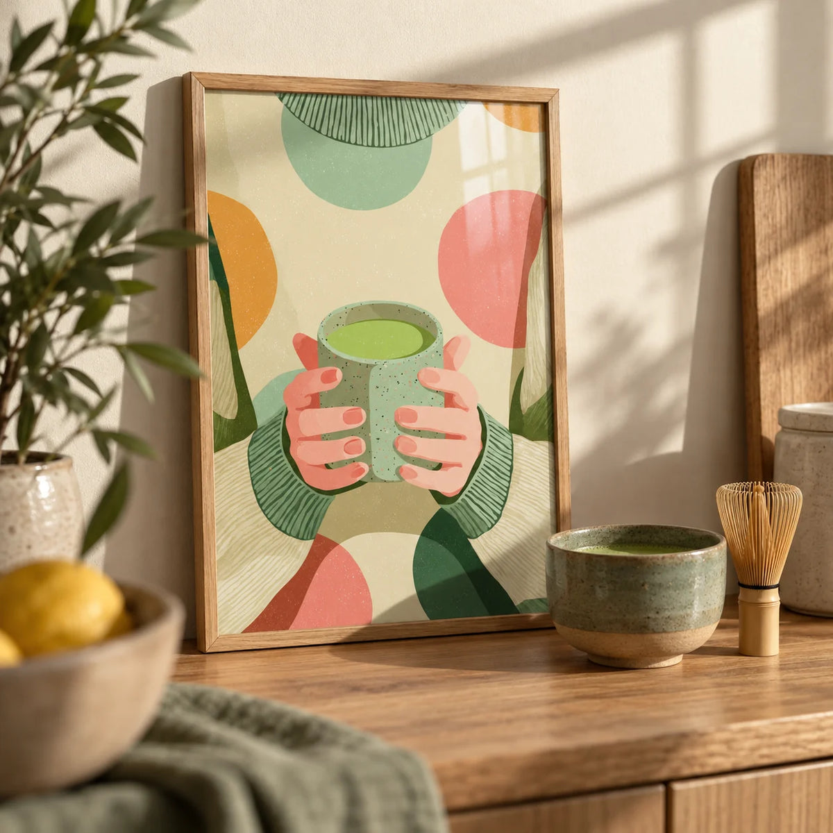 Cozy Matcha Art, a small A4 framed print leaning on an oak worktop in a kitchen