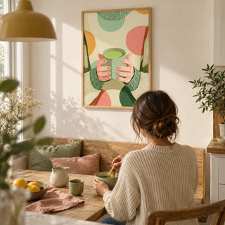 Cozy Matcha Art, framed on the wall of a small kitchen table by the window with a cream wall