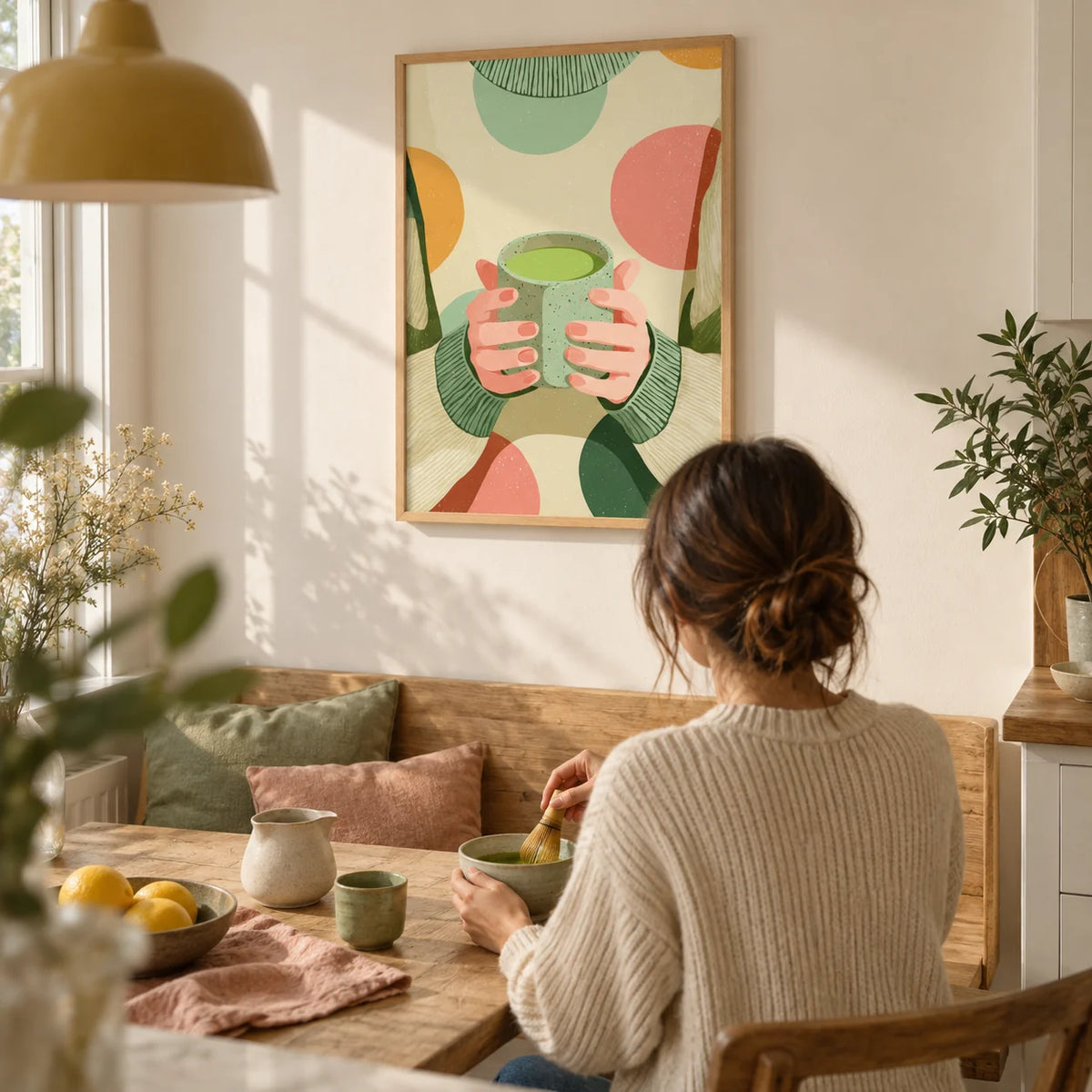 Cozy Matcha Art, framed on the wall of a small kitchen table by the window with a cream wall