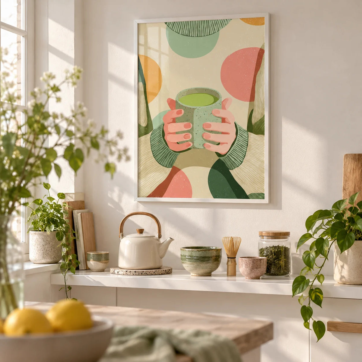 Cozy Matcha Art, framed on the wall of a small tea station in a white kitchen
