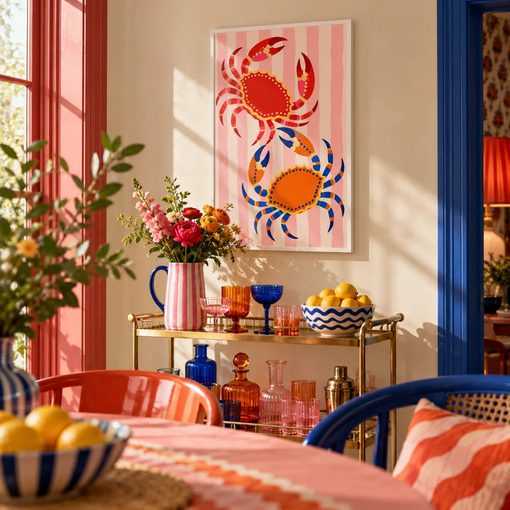 Crab Print, framed on the wall of a colourful dining corner