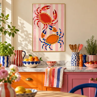 Crab Print, framed on the wall of a colourful dopamine kitchen