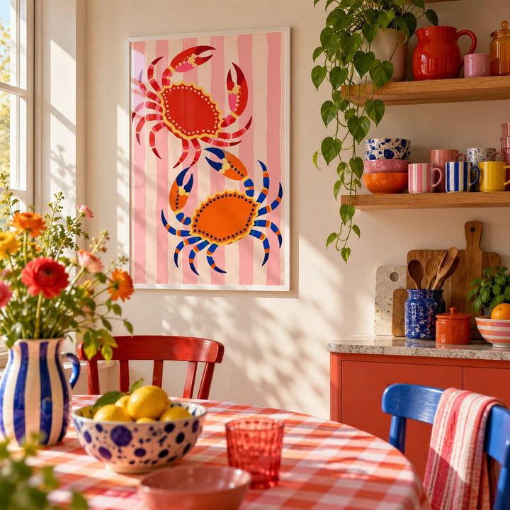 Crab Print, framed on the wall of a fun kitchen corner