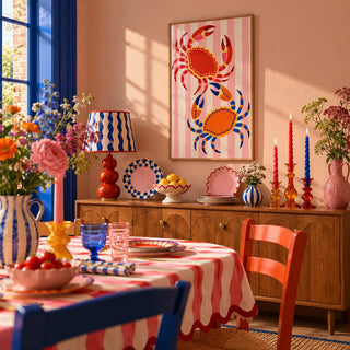Crab Print, framed on the wall of a maximalist dining room