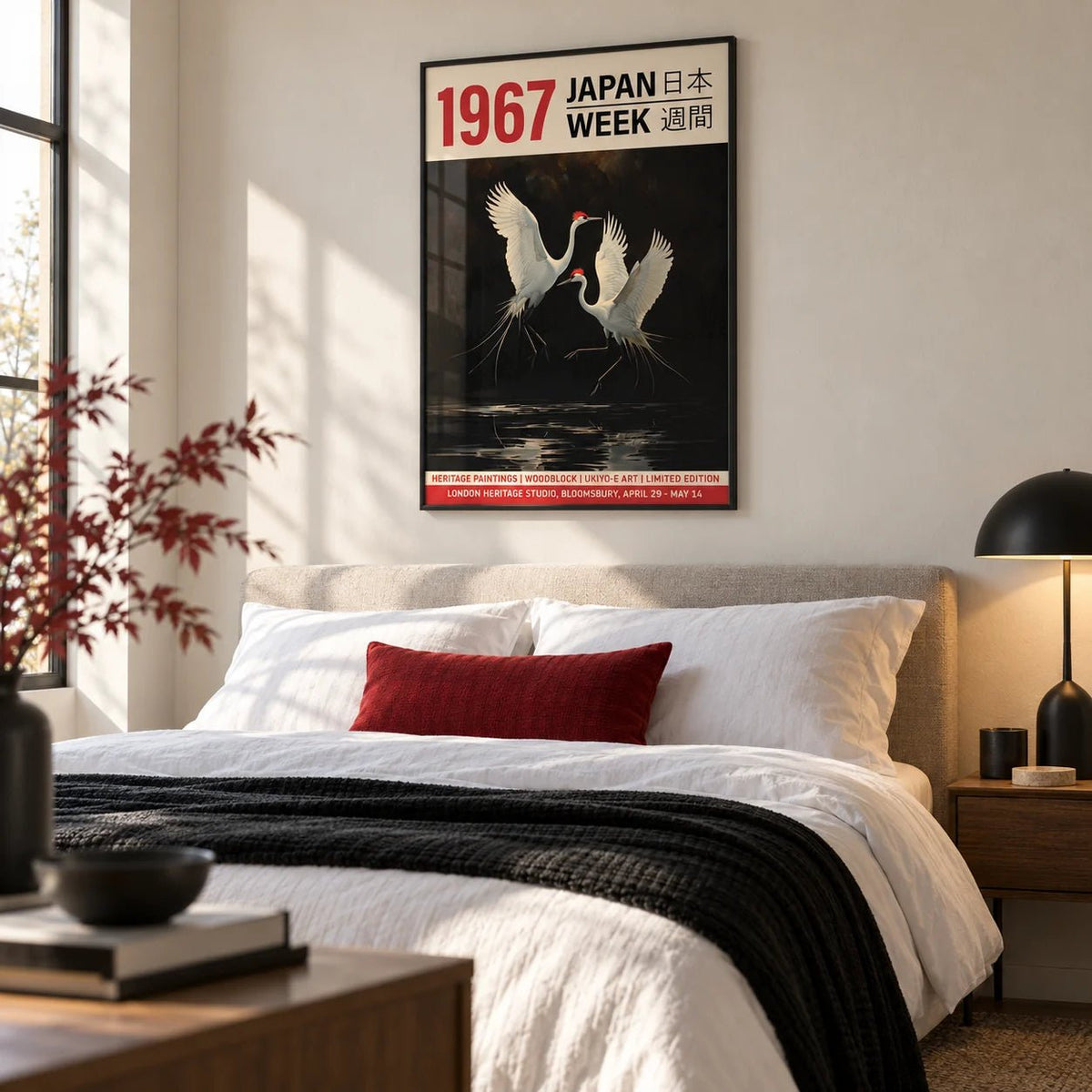 Crane Art Print, framed on the wall of a crisp modern bedroom