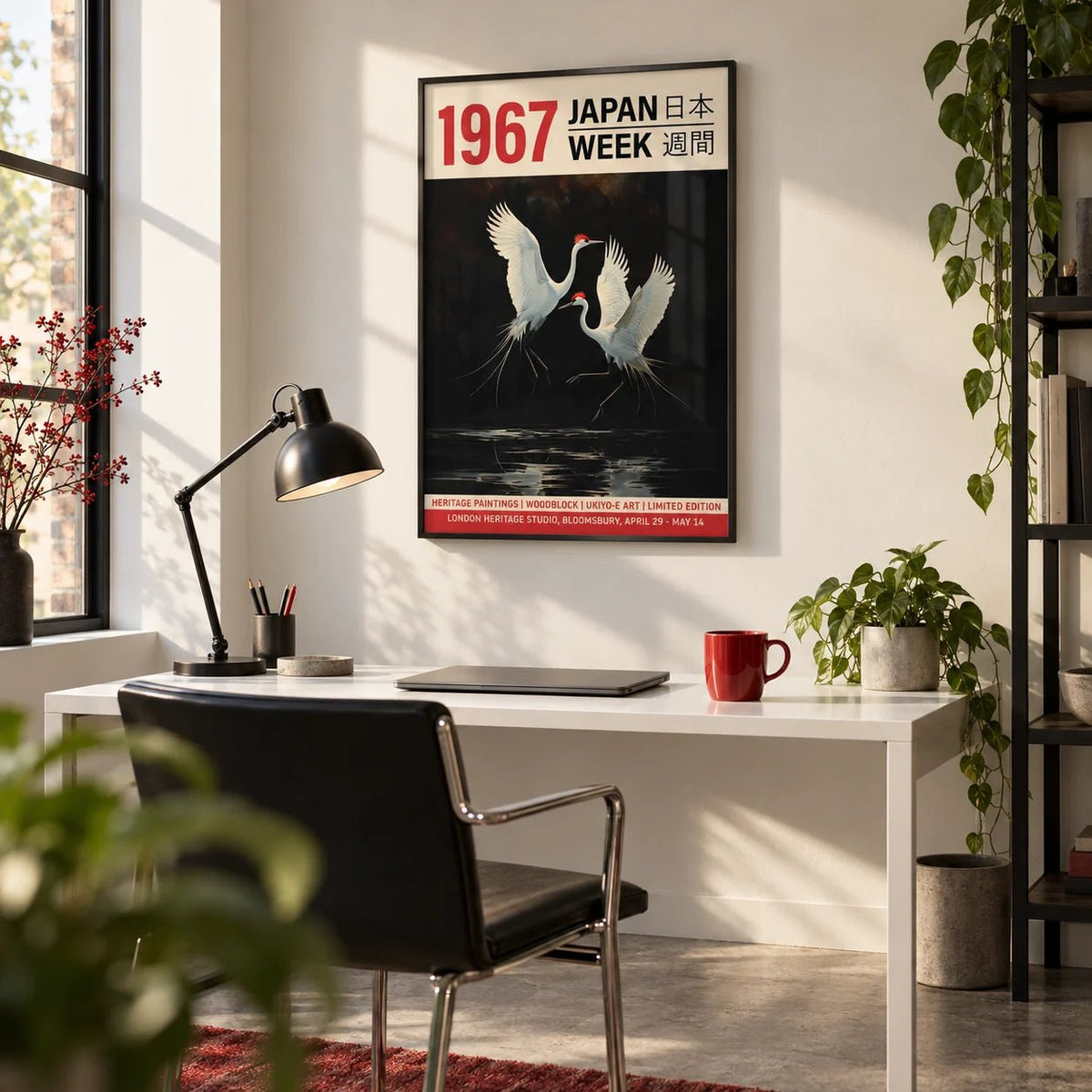 Crane Art Print, framed on the wall of a design-led home studio in a home office