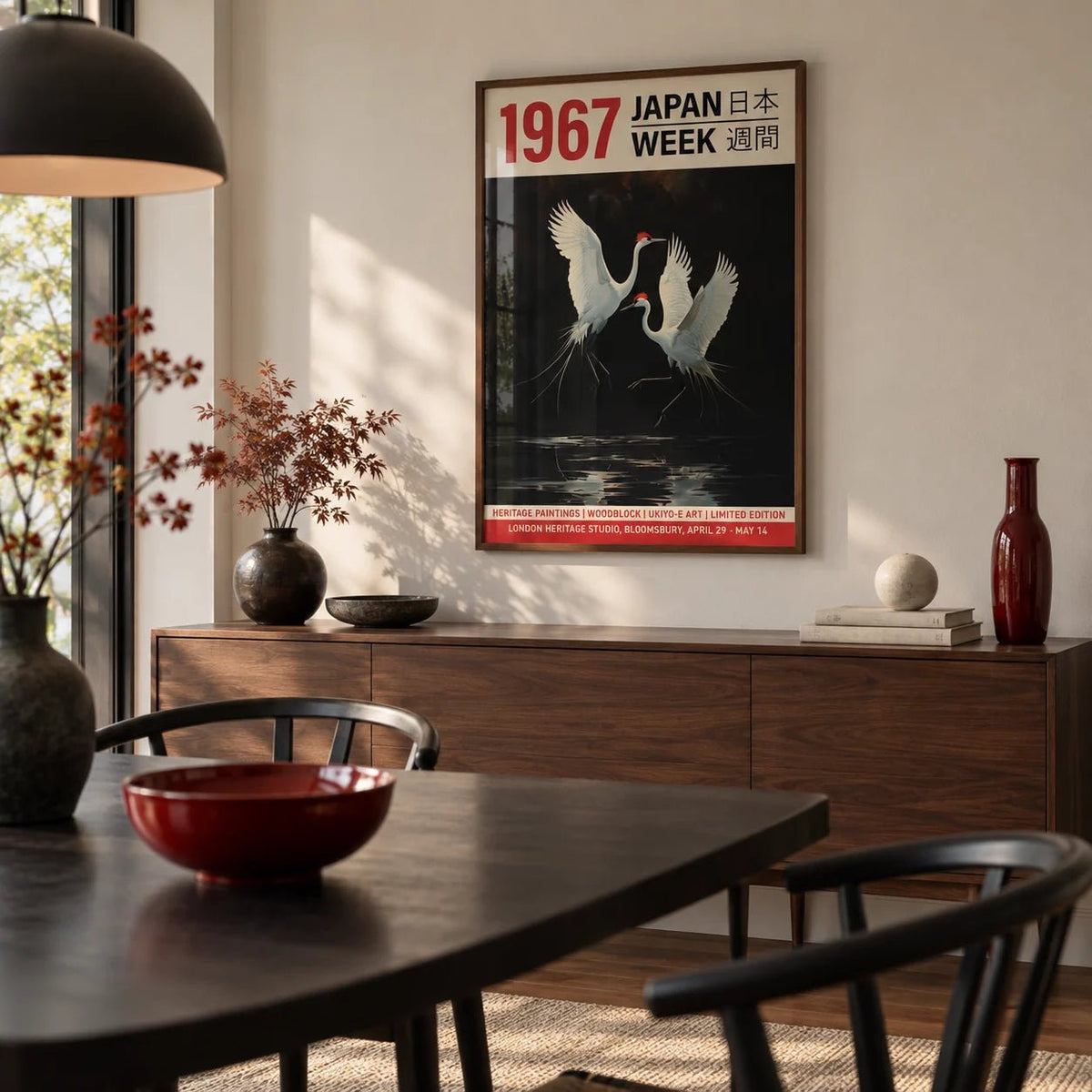 Crane Art Print, framed on the wall of a modern dining room