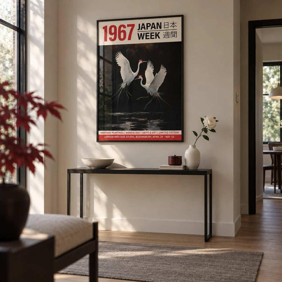 Crane Art Print, framed on the wall of a modern hallway