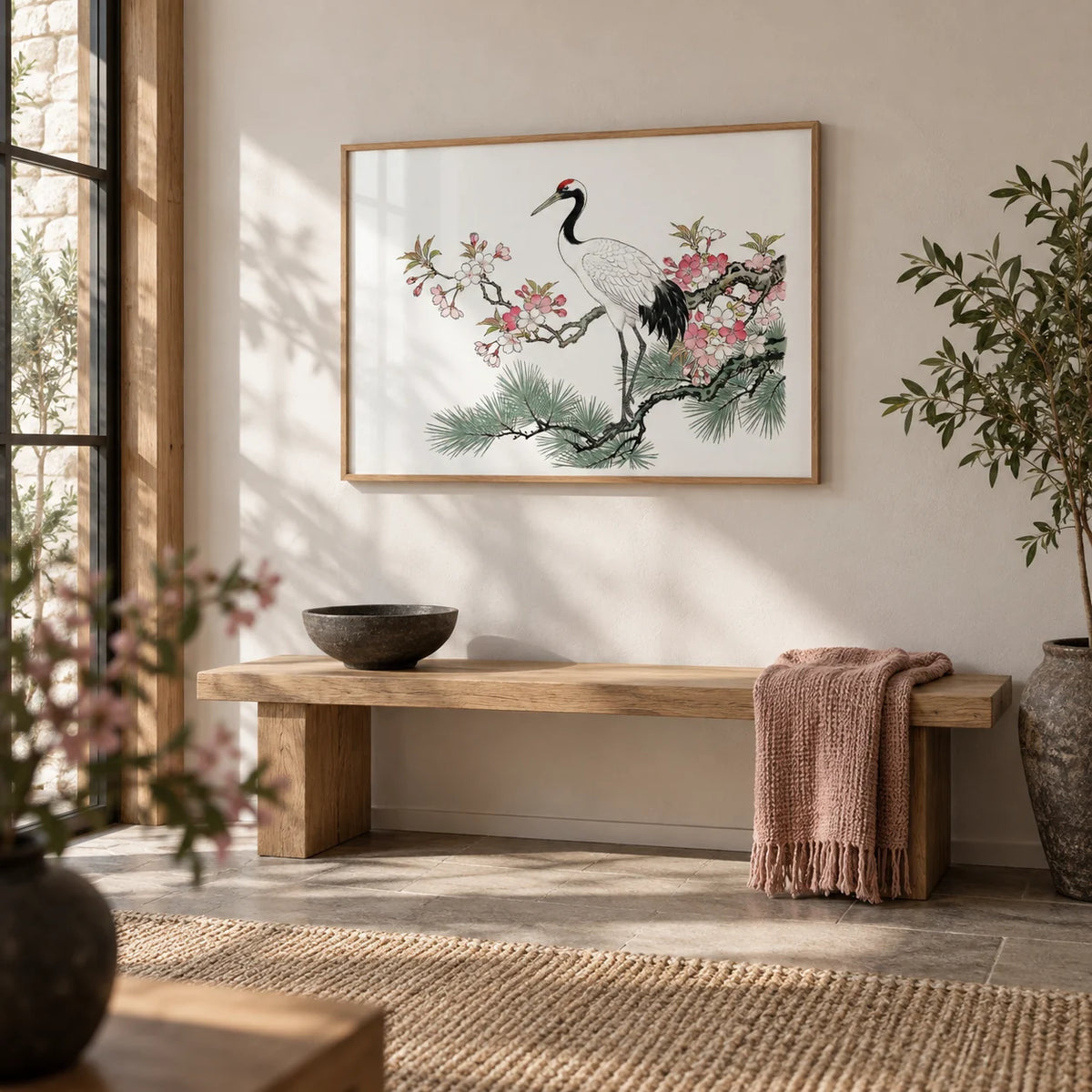 Crane Cherry Blossom Art Print, framed on the wall of a calm entrance hall