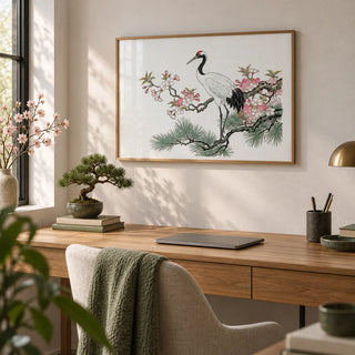 Crane Cherry Blossom Art Print, framed on the wall of a quiet home office