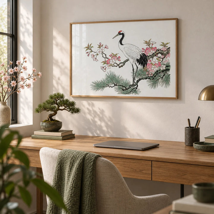 Crane Cherry Blossom Art Print, framed on the wall of a quiet home office