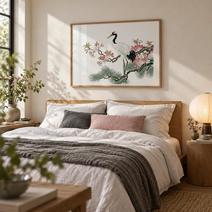 Crane Cherry Blossom Art Print, framed on the wall of a serene bedroom