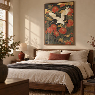 Crane Floral Art Print, framed on the wall of a calm Japanese-influenced bedroom in a UK home with warm cream walls