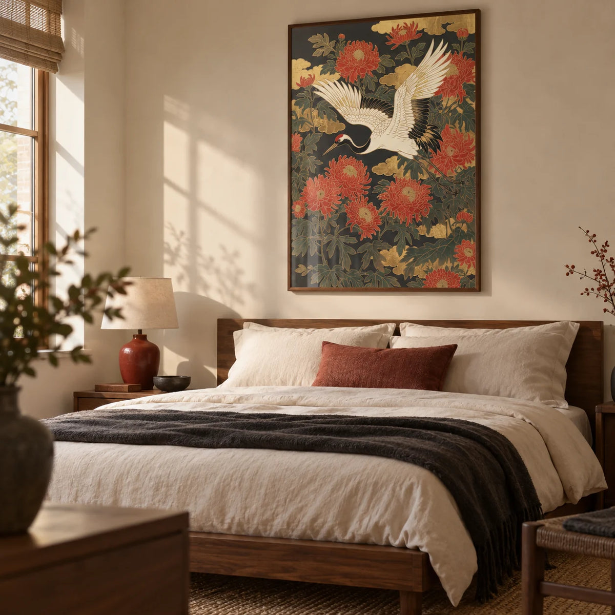 Crane Floral Art Print, framed on the wall of a calm Japanese-influenced bedroom in a UK home with warm cream walls