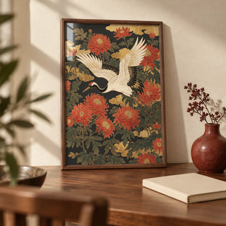 Crane Floral Art Print, a small A4 framed print leaning on a walnut writing desk