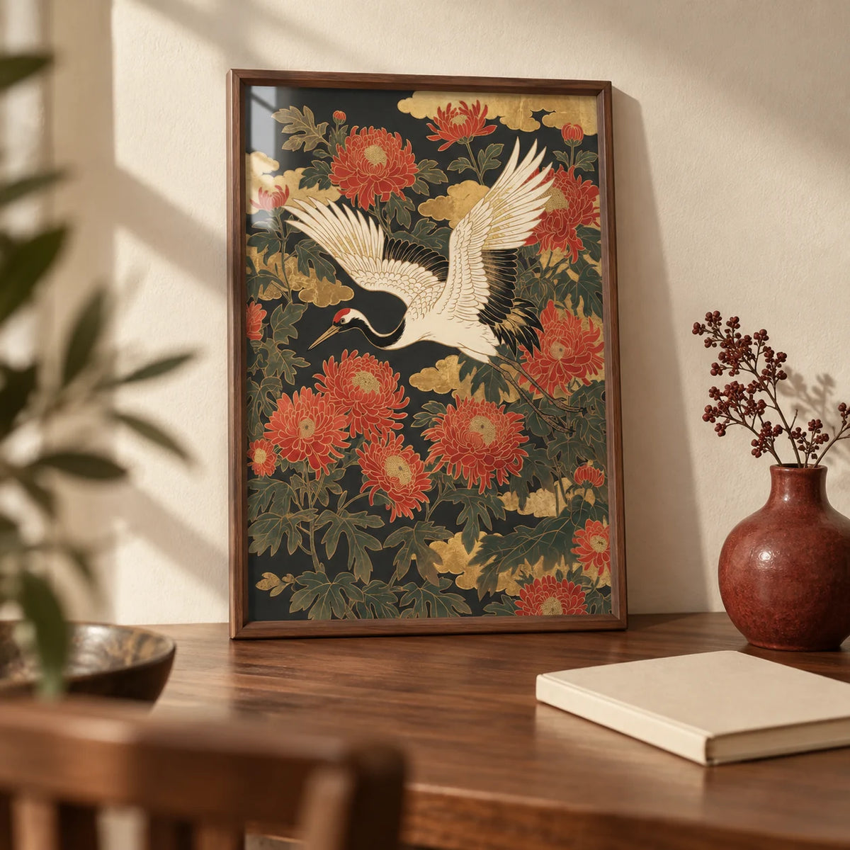 Crane Floral Art Print, a small A4 framed print leaning on a walnut writing desk