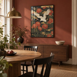 Crane Floral Art Print, framed on the wall of a warm modern dining room in a UK townhouse with a muted clay-red painted wall