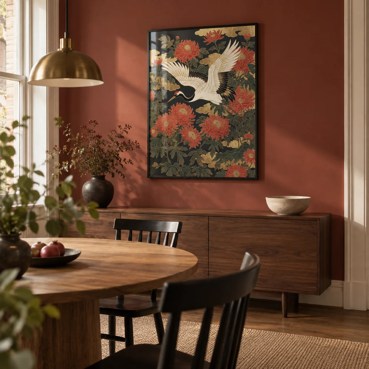 Crane Floral Art Print, framed on the wall of a warm modern dining room in a UK townhouse with a muted clay-red painted wall