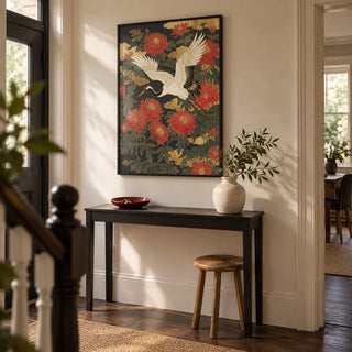 Crane Floral Art Print, framed on the wall of a welcoming hallway in a UK terraced house with warm ivory walls and a dark timber floor
