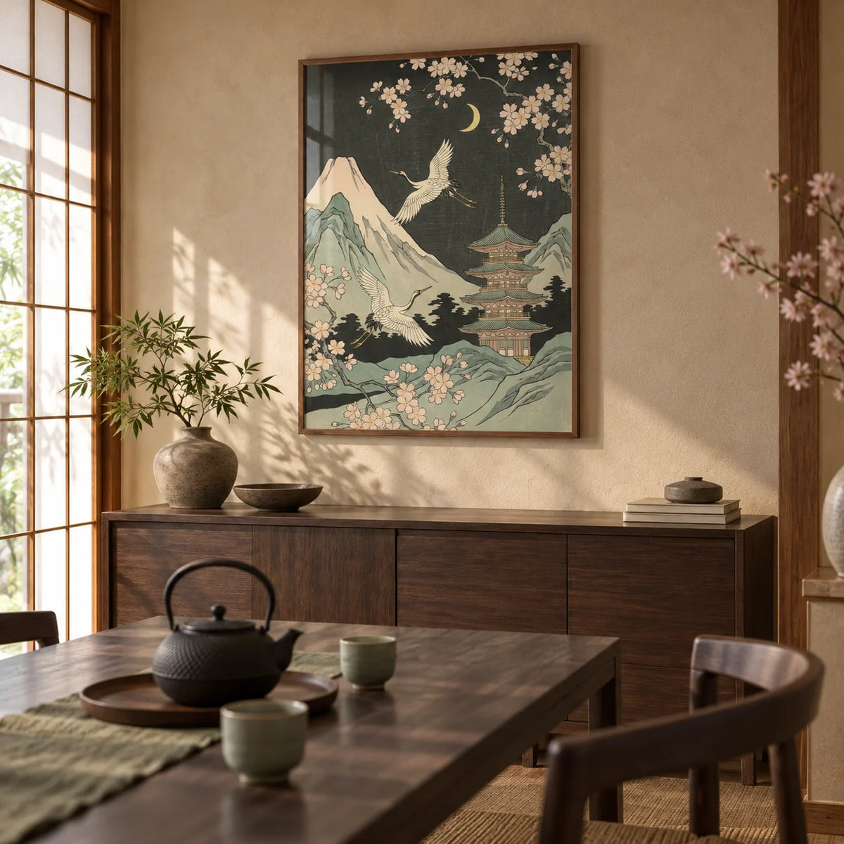 Crane Japanese Art, framed on the wall of a calm Japanese-style dining room with sliding paper screens