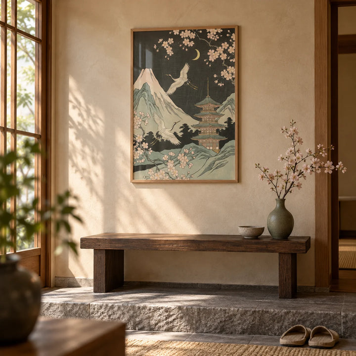 Crane Japanese Art, framed on the wall of a Japanese-style entryway