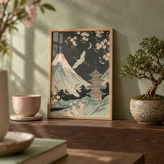 Crane Japanese Art, a small A4 framed print leaning on a dark oak shelf in a living room