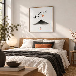Crane Mountain Art, framed on the wall of a calm bedroom with a white wall
