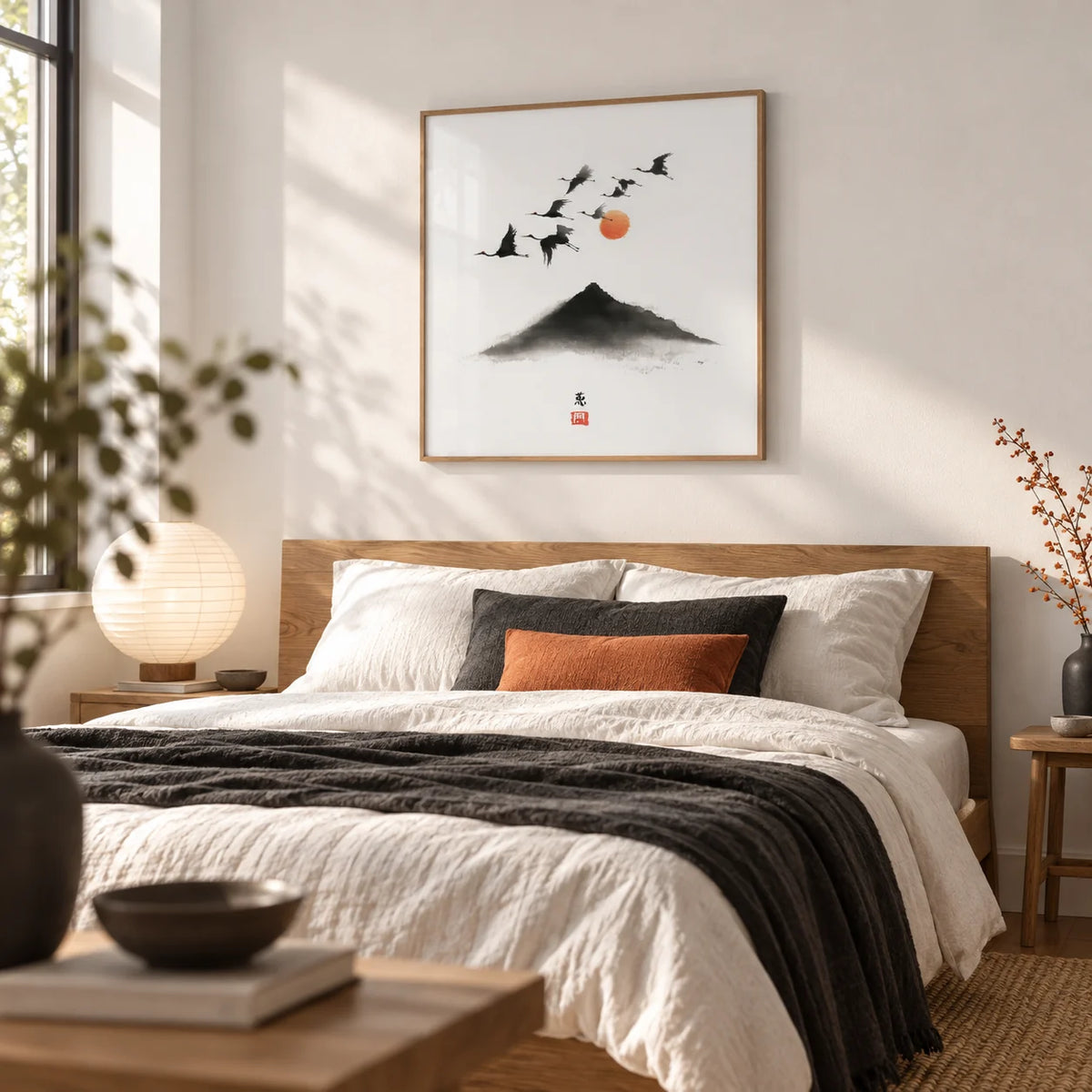 Crane Mountain Art, framed on the wall of a calm bedroom with a white wall