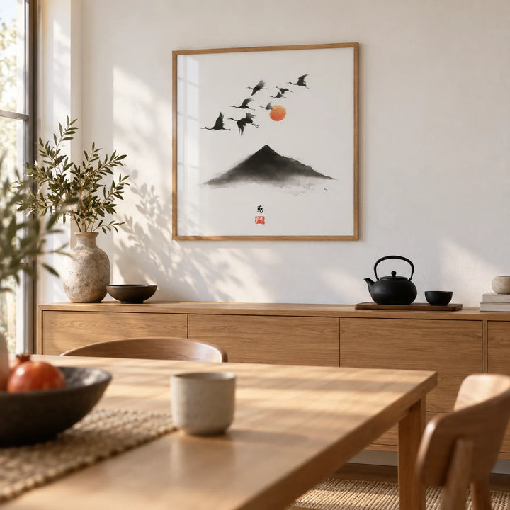 Crane Mountain Art, framed on the wall of a calm dining room with a white wall