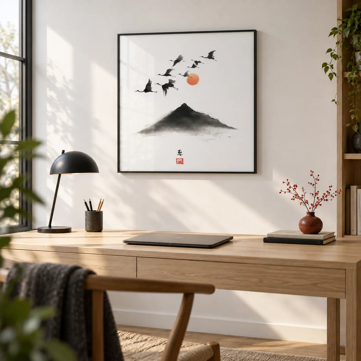 Crane Mountain Art, framed on the wall of a calm home office with a white wall