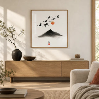 Crane Mountain Art, framed on the wall of a calm Japandi living room with a warm white wall and a pale oak floor