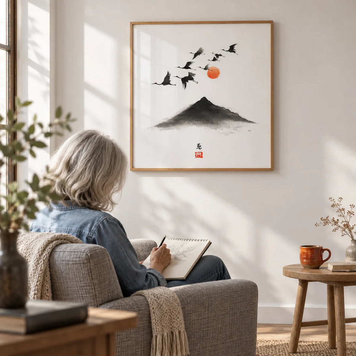 Crane Mountain Art, framed on the wall of a quiet reading corner with a white wall in a living room