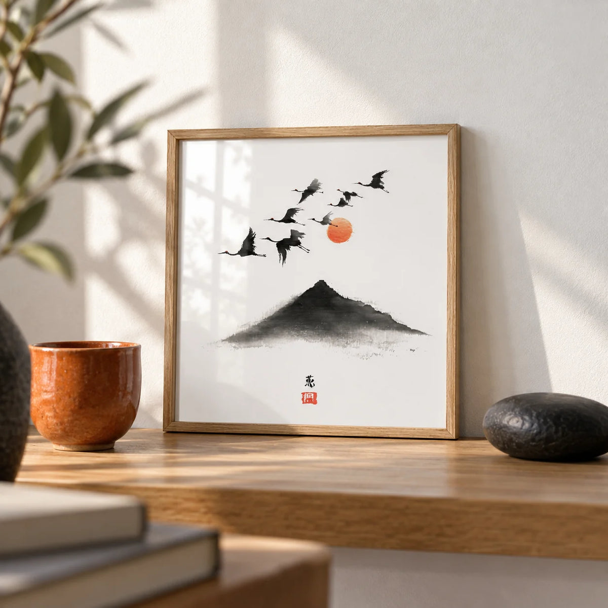 Crane Mountain Art, a small A4 framed print leaning on an oak shelf in a living room