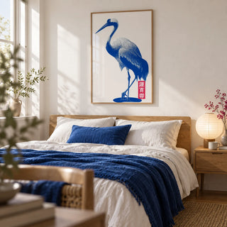 Crane Wall Art, framed on the wall of a calm bedroom with a soft white wall