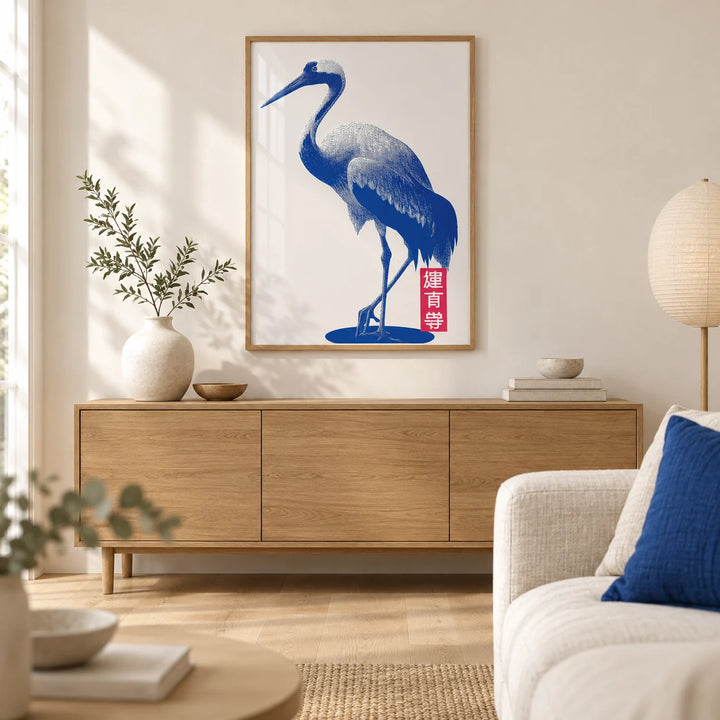 Crane Wall Art, framed on the wall of a calm Japandi living room with a warm white wall and a pale oak floor