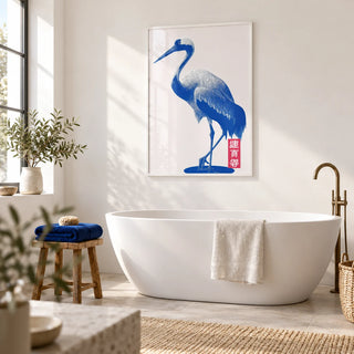 Crane Wall Art, framed on the wall of a calm white bathroom with a pale stone floor