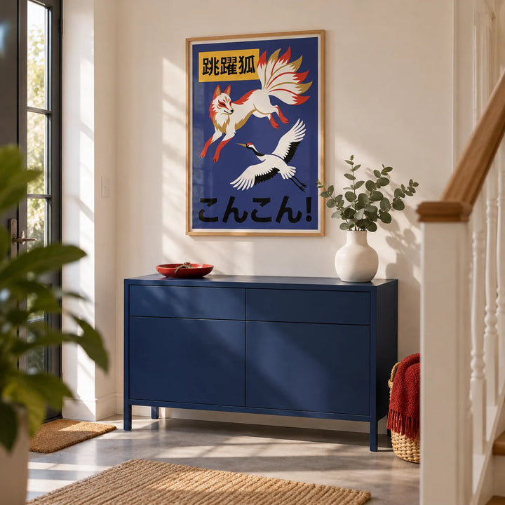 Cranes And Fox Poster, framed on the wall of a bright entrance hallway in a modern UK family home with warm white walls and a plain grey floor