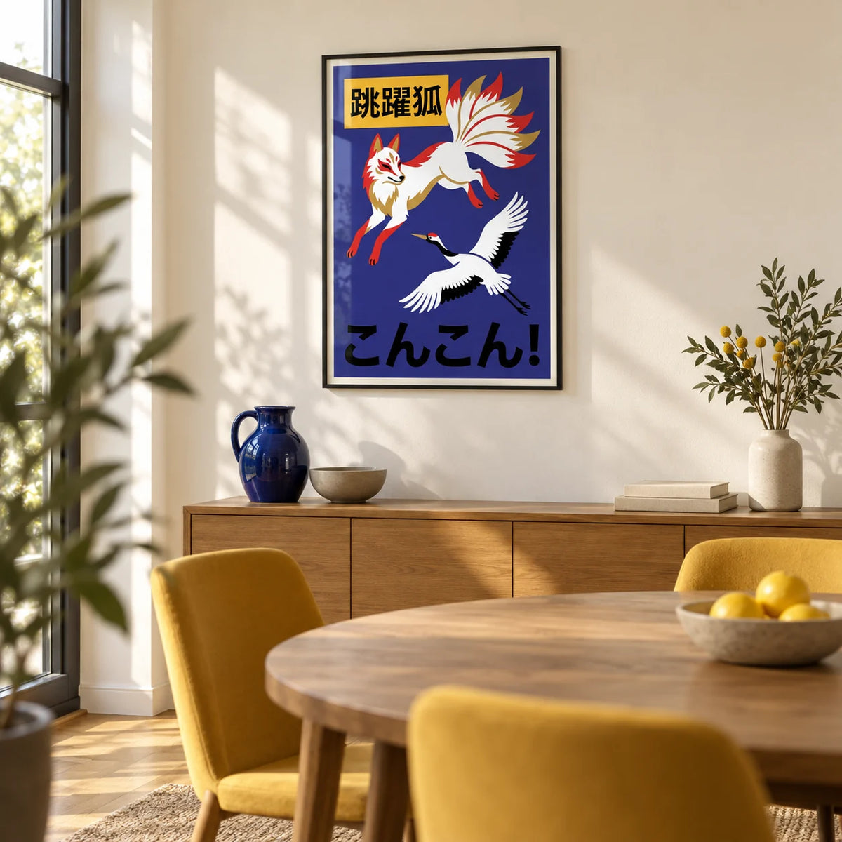 Cranes And Fox Poster, framed on the wall of a compact contemporary dining room with a pale cream wall